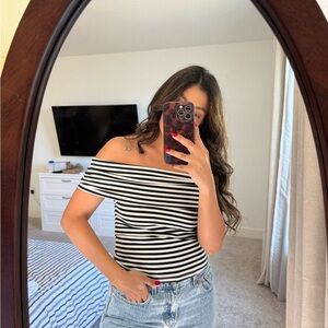 Elegant Off-Shoulder Striped Blouse - Black and White